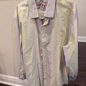 ROBERT GRAHAM Yellow and Gray Striped Dress Shirt